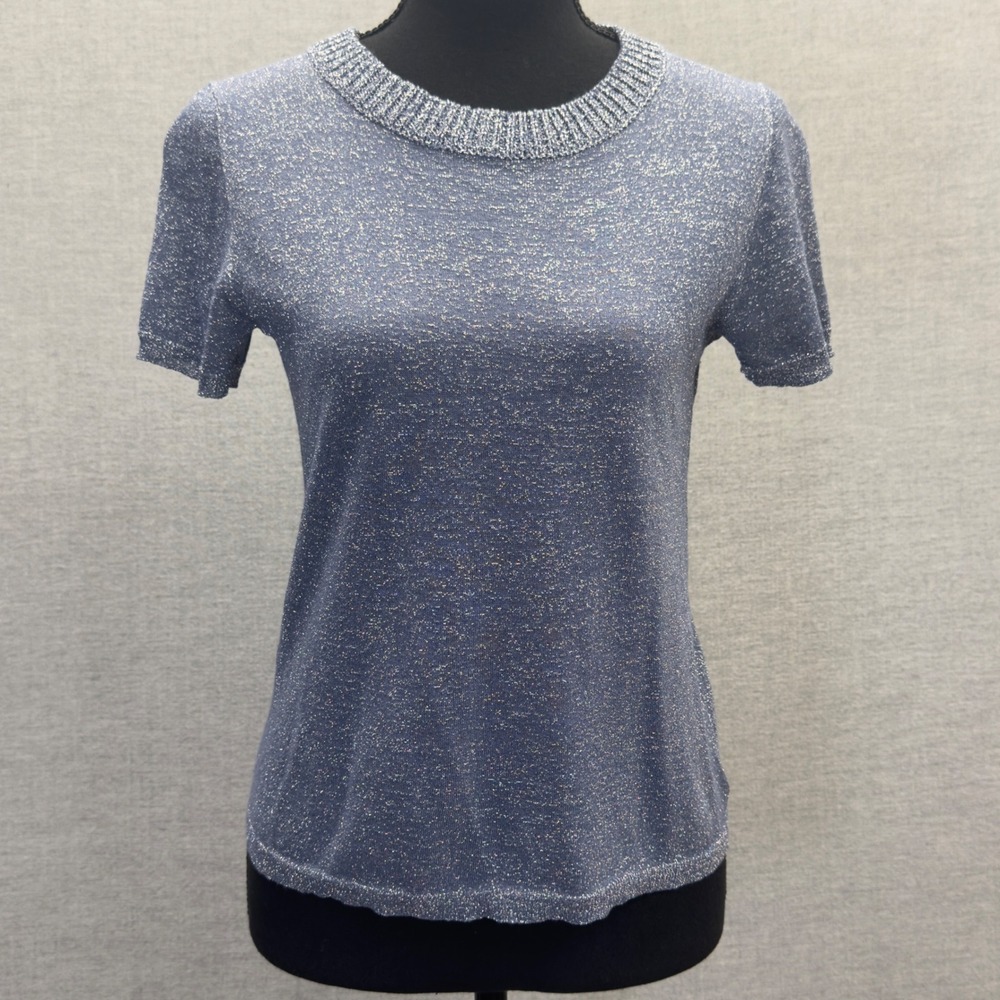 White + Warren Blue Sparkle Knit Short Sleeve Sweater Top Womens Size Small‎